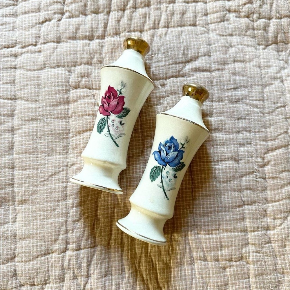 Vintage Pink and Blue Floral Rose Salt and Pepper Shakers - Picture 2 of 3